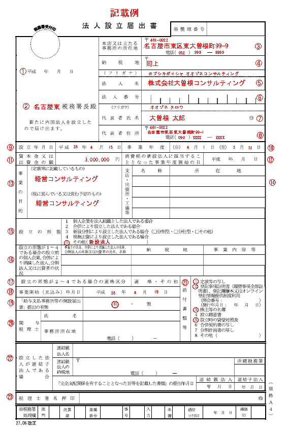 法人設立届出書の書き方・記載例｜会社設立後の届け出書類 名古屋の税理士と言えば近藤正臣税理士事務所